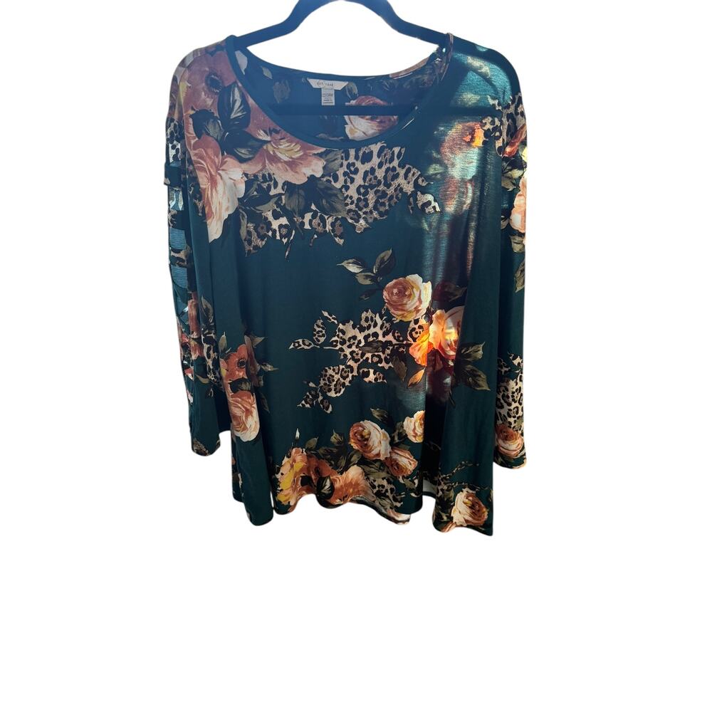 Cato Women’s Green Floral Cheetah Print Long Sleeve Top Casual Size 22/24 W